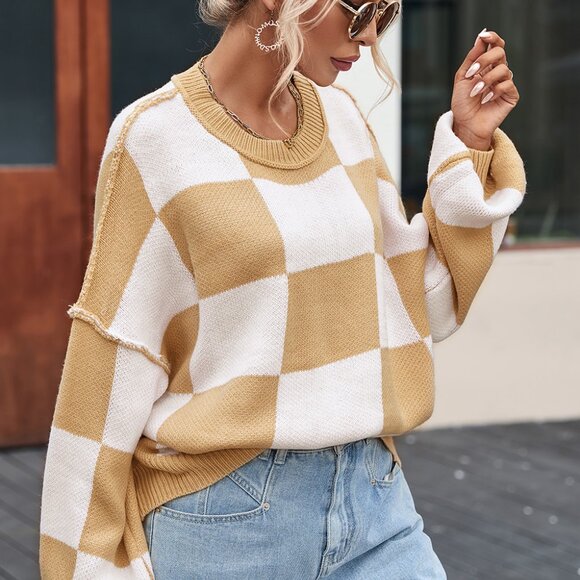 Khaki Checkered Bishop Sleeve Sweater - Picture 8 of 15